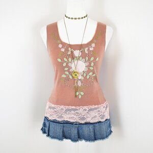 VTG 00s Y2K Alain Manoukian Tan Brown Floral Embellished Pink Lace Trim Tank Top